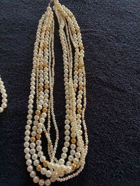 Multi-Strand Pearl and Gold Bead Necklace - Classic Cream